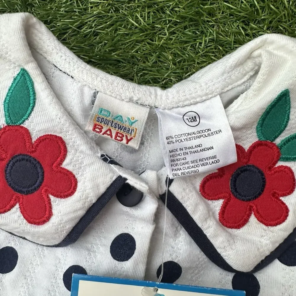 NWT Vtg Day Sportswear Baby Bubble Romper 12M Polka‎ Dot Flower Romper White Blk